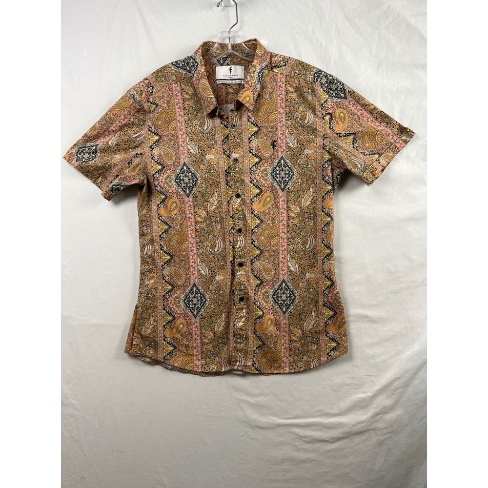Father Sons Button Down Shirt Mens XXXL Orange Paisley Stretch Slim Fit Short